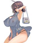  ahoge armpits ass bag blue_eyes breasts brown_hair cleavage_cutout closed_mouth huge_breasts impossible_clothes masao meme_attire nipples one_arm_up original short_hair simple_background solo thong virgin_killer_sweater white_background 