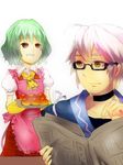  1girl :d ahoge ascot bad_id bad_pixiv_id bunbunmaru carrying choker dress food glasses green_hair happy hetero kazami_yuuka morichika_rinnosuke newspaper open_mouth oven_mitts plaid plaid_dress puffy_short_sleeves puffy_sleeves red_eyes semi-rimless_eyewear short_hair short_sleeves silver_hair simple_background smile touhou under-rim_eyewear yellow_eyes yuichiitan 