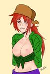 2014 arms_behind_back breasts brown_eyes ear_piercing female foster&#039;s_home_for_imaginary_friends frankie_foster freckles hair hat human jacket looking_at_viewer mammal navel nipples piercing red_hair smile solo swain_(artist) topless 