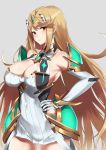  1girl armor bangs bare_shoulders blonde_hair blush breasts cleavage_cutout closed_mouth commentary_request covered_navel dress earrings elbow_gloves fujitsubo_(hujitubo0731) gem gloves grey_background hand_on_hip headpiece highres hikari_(xenoblade_2) jewelry large_breasts long_hair looking_at_viewer nintendo short_shorts shorts simple_background smile solo swept_bangs tiara very_long_hair white_dress white_gloves xenoblade_(series) xenoblade_2 yellow_eyes 