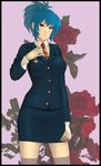  alternate_costume blue_hair border breasts buttons floral_background formal jacket large_breasts leona_heidern long_hair military military_uniform miniskirt necktie pencil_skirt ponytail skirt skirt_set skirt_suit solo steward_b suit the_king_of_fighters thighhighs uniform 