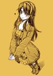  blouse boots casual hairband haruna_(kantai_collection) kantai_collection kouji_(campus_life) long_hair looking_at_viewer monochrome smile solo spot_color yellow 