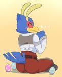  acstlu anthro avian back beak bird blue_fur blush butt clothed clothing easter egg eyes_closed falco_lombardi feathers fur holidays male nintendo sitting smile solo star_fox tight_clothing video_games 