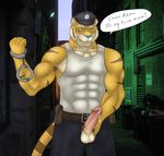  abs alley anthro balls belt biceps circumcised clohing clothing cum cum_string english_text erection feline flexing fur gay handcuffs hat humanoid_penis kraidhiel male mammal muscles nipples officer pants pecs penis police pubes shackles shirt solo standing tank_top text tiger vest 