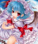  :o ascot bat bat_wings blue_hair dress ears fang frilled_dress frills full_moon hat hat_ribbon mob_cap moon puffy_short_sleeves puffy_sleeves red_eyes remilia_scarlet ribbon shikishi short_hair short_sleeves touhou wings yukitsuki_kokoro 