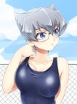  1girl breasts dumon_(yuu-gi-ou_zexal) genderswap glasses one-piece_swimsuit swimsuit yu-gi-oh! 