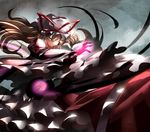  banned_artist blonde_hair bow dark darkness dress evil_grin evil_smile fighting_stance frilled_dress frills glowing grin hat hat_bow kozou_(soumuden) long_hair long_sleeves mob_cap puffy_sleeves simple_background smile solo tabard touhou white_dress wide_sleeves yakumo_yukari 