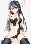  ? agano_(kantai_collection) black_bra black_hair black_legwear black_panties bow bow_panties bra breasts doyachii gloves green_eyes highres kantai_collection lace lace-trimmed_bra large_breasts lingerie long_hair looking_at_viewer navel open_bra panties parted_lips solo thighhighs underwear underwear_only undressing untied 