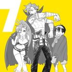  2boys belt boota breasts cape cleavage goggles goggles_on_head grin hair_ornament kamina large_breasts long_hair multiple_boys mwgi one_eye_closed ponytail scarf shirtless short_shorts shorts simon skull_hair_ornament smile tattoo tengen_toppa_gurren_lagann thighhighs yoko_littner 