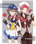  1girl alternate_costume belt bike_shorts black_hair blue_eyes brown_hair character_name fang fingerless_gloves fuuko_(2679566944) gen_3_pokemon gloves hair_ornament hairclip haruka_(pokemon) hat highres holding holding_hands holding_poke_ball long_hair mudkip odamaki_sapphire one_eye_closed pleated_skirt poke_ball poke_ball_print pokemon pokemon_(creature) pokemon_(game) pokemon_oras pokemon_special red_eyes ruby_(pokemon) scarf shirt short_hair skirt sleeveless sleeveless_shirt torchic vest yuuki_(pokemon) 