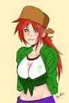  2014 arms_behind_back breasts brown_eyes clothing ear_piercing female foster&#039;s_home_for_imaginary_friends frankie_foster freckles hair hat human jacket looking_at_viewer mammal navel piercing red_hair shirt smile solo swain_(artist) 