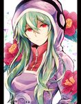  bad_id bad_pixiv_id bangs expressionless flower green_hair hair_between_eyes hood hoodie kabocha_torute kagerou_project kido_tsubomi long_hair looking_at_viewer pillarboxed red_eyes simple_background solo triangle upper_body white_background zipper 