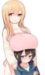  1girl age_difference apron bad_id bad_pixiv_id black_hair blonde_hair blush breast_rest breasts breasts_on_head crossed_arms hands_on_another's_shoulders huge_breasts light_smile long_hair looking_at_viewer nekoume official_art ribbed_sweater shiina_aki short_hair simple_background smile sunohara_ayaka sunoharasou_no_kanrinin-san sweater turtleneck white_background 