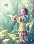  bird boots brown_eyes brown_hair gensou_suikoden gensou_suikoden_iii hairband knee_boots nature sassa_(cb) short_hair skirt smile solo tree tribal yun_(suikoden) 