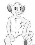  anthrofied balls cub disney flaccid gene_romo line_art long_foreskin looking_at_viewer monochrome penis pose simba sitting smirk soft solo the_lion_king uncut young 