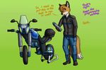  canine clothing fox male mammal mechanical mephis motorbike motorcycle neybulot okami-the-wolf plain_background wheels 