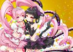  black_gloves black_hair black_princess black_skirt earrings fishnets gloves hani_haruka heart heart_hands heart_hands_duo jewelry juna long_hair looking_at_viewer midriff multiple_girls navel open_mouth pink_eyes pink_hair pink_princess pink_skirt puffy_sleeves red_eyes short_sleeves six_heart_princess skirt smile teiue_tamaki tiara twintails 