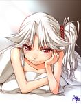  abo_(hechouchou) arm_support artist_name bed_sheet daitengu_(abo) hand_on_own_cheek nude original pillow pointy_ears red_eyes side_ponytail smile solo touhou white_hair 