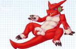  balls colored cum cum_in_foreskin cum_on_hand cum_string digimon half-erect long_foreskin lying male on_back penis rathmutatio shoutmon simple_background solo tongue uncut 