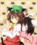  &gt;_&lt; :3 :x ;&lt; animal_ears black_hair blush brown_hair bunny bunny_ears carrot_necklace cat cat_ears cat_tail chen closed_eyes earrings hat highres hug hug_from_behind inaba_tewi jewelry mob_cap multiple_girls multiple_tails nekomata nyaku pendant puffy_short_sleeves puffy_sleeves ribbon-trimmed_sleeves ribbon_trim short_hair short_sleeves tail touhou two_tails yellow_eyes 