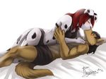  abs anthro blush breasts butt canine clothing dalmatian dealia_devilbliss dog duo female fur hair happy hi_res kissing low_res lying male mammal muscles nox_dark_dingo on_back pecs plussun red_hair side_view spots straight 