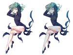  absurdres bad_id bad_pixiv_id black_dress crossed_legs curly_hair dandalian dress flat_chest green_eyes green_hair hands_in_hair highres one-punch_man pumps short_hair side_slit sitting solo tatsumaki 