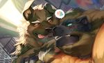  anthro black_fur blue_eyes blush brown_fur canine chest_tuft claws embrace fangs feline fur gay male mammal muscles null-ghost panther pec_grasp pecs red_eyes spotted tan_fur teeth tongue topless tuft white_fur 