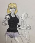  1boy 1girl bald black_sclera blonde_hair clenched_hands cutoffs cyborg denim denim_shorts genderswap genos jazzjack one-punch_man saitama_(one-punch_man) short_hair shorts smile tank_top yellow_eyes 