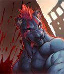  biceps black_fur black_nose blood fangs feline fur grin hair looking_at_viewer male mammal manly muscles null-ghost panther pecs pose red_eyes red_hair smile solo teeth toned tongue tongue_out topless 