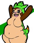  beige_skin black_sclera breakingcopyrightlaws_(artist) brown_skin chespin dancing green_skin nude obese overweight standing white_eyes 