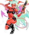  boots demon_girl demon_tail drawr fang green_hair gun hage-kakushi horns long_hair panty_&amp;_stocking_with_garterbelt red_skin scanty_(psg) skirt solo tail weapon yellow_eyes 