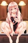  :d apron barefoot blurry breasts depth_of_field fang feet food fork frilled_apron frills highres holding indoors kure_masahiro large_breasts legs long_hair naked_apron open_mouth pink_eyes pink_hair polka_dot sitting smile solo spread_legs thighs 