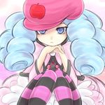  793_(artist) blue_eyes blue_hair dress eyelashes happinesscharge_precure! hat hosshiwa light_blue_hair long_hair looking_at_viewer pantyhose pink_dress pink_hat precure ringlets sitting sketch solo striped striped_legwear 