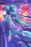  aqua_eyes aqua_hair bangs blurry branch cherry_blossoms chinese_clothes closed_mouth cowboy_shot depth_of_field fence from_side green_eyes green_hair hand_on_own_chest hanfu hatsune_miku highres lantern light_smile long_hair long_sleeves night outdoors paper_lantern petals profile twintails very_long_hair vocaloid walking wide_sleeves youxuemingdie 