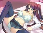  ahoge aqua_bra aqua_panties black_legwear blue_eyes blush bow bow_bra bra breasts brown_hair cleavage frilled_bra frills large_breasts long_hair open_clothes open_mouth open_shirt original panties school_uniform shiki_(psychedelic_g2) shirt shirt_lift smile solo spread_legs sweater_vest thighhighs two_side_up underwear 