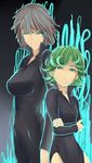  aura bad_id bad_pixiv_id black_dress black_hair breasts crossed_arms dress flat_chest fubuki_(one-punch_man) green_eyes green_hair large_breasts multiple_girls nonji_(sayglo_halo) one-punch_man short_hair siblings side-by-side side_slit sisters tatsumaki 
