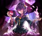  bad_id bad_pixiv_id curtains eredhen eyeball fire hairband heart komeiji_satori long_sleeves looking_at_viewer outstretched_arm outstretched_hand pink_eyes pink_fire purple_hair shirt skirt solo third_eye touhou wide_sleeves 