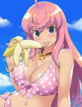  :p ahoge banana bikini blue_eyes blush breasts cleavage dokitto!_bikini-pai food front-tie_top fruit jewelry large_breasts long_hair looking_at_viewer mizusawa_hanon navel necklace pink_hair polka_dot polka_dot_bikini polka_dot_swimsuit side-tie_bikini smile solo star swimsuit tongue tongue_out youkan 