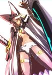  bad_id bad_pixiv_id banned_artist beltbra blurry breasts buckle cape colored_eyelashes dark_skin depth_of_field from_below guilty_gear guilty_gear_xrd hat light_brown_hair long_hair medium_breasts midriff navel orange_eyes ramlethal_valentine s_tanly short_shorts shorts simple_background solo sword underboob weapon white_background 