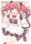  ;d animal_ears apron bad_id bad_pixiv_id bell black_legwear blush bow bowtie cat_ears clenched_hands detached_collar fake_animal_ears fang frilled_apron frilled_legwear frills headband highres kneehighs long_hair looking_at_viewer maid maid_headdress mary_janes nakamura_sumikage one_eye_closed open_mouth original paw_pose paw_print polka_dot polka_dot_background red_eyes red_footwear red_hair ribbon ribbon-trimmed_apron ribbon_trim shoes short_sleeves skirt smile solo tail twintails 