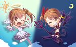  ;d angel angel_and_devil bracelet brown_eyes brown_hair costume crescent_moon demon_girl futami_ami futami_mami gloves grin halo heart idolmaster idolmaster_(classic) jewelry moon multiple_girls nanaran one_eye_closed open_mouth polearm siblings side_ponytail sisters smile sun tail trident twins weapon wings 