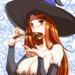  bare_shoulders breasts cleavage detached_sleeves dragon's_crown eating ebido food hat huge_breasts long_hair meat red_hair solo sorceress_(dragon's_crown) upper_body witch_hat 