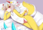  &lt;3 5_fingers absurd_res anthro bed blush canine chest_tuft female flat_chested fur hi_res horn japanese_text langlong looking_at_viewer lying mammal navel nipples pillow red_eyes text translation_request tuft wolflong 