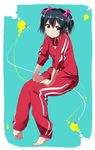  bad_id bad_pixiv_id barefoot black_hair blush bow hair_bow highres kasa_list long_hair looking_at_viewer love_live! love_live!_school_idol_project pants red_eyes sitting smile solo track_pants track_suit twintails yazawa_nico 