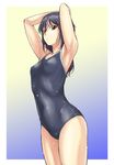  armpits arms_up black_hair border breasts brown_eyes character_request competition_school_swimsuit copyright_request covered_navel covered_nipples cowboy_shot gradient gradient_background kouda_tomohiro long_hair one-piece_swimsuit outside_border puffy_nipples school_swimsuit small_breasts solo standing swimsuit wet 