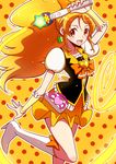  :d blonde_hair boots bow bowtie brooch brown_eyes cure_honey earrings gymnastics_ribbon happinesscharge_precure! jewelry knee_boots long_hair magical_girl oomori_yuuko open_mouth orange_(color) orange_background polka_dot polka_dot_background precure shirono skirt smile solo standing standing_on_one_leg wand wide_ponytail wrist_cuffs yellow_skirt 