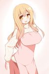  :d apron blonde_hair breasts highres hoppege large_breasts long_hair looking_at_viewer open_mouth ribbed_sweater simple_background smile solo sunohara_ayaka sunoharasou_no_kanrinin-san sweater turtleneck yellow_eyes 