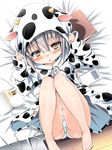  animal_print bangs bed blush book cameltoe cow_print glasses grey_hair hood hoodie nagato_yuki shiranagi short_hair solo suzumiya_haruhi_no_yuuutsu 