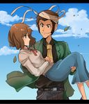  1boy 1girl arsene_lupin_iii bandage blue_eyes brown_eyes brown_hair carrying castle_of_cagliostro clarisse_de_cagliostro cloud clouds dyson_(edaokunnsaikouya) dyson_giga_drain leaf leaves lupin_iii princess_carry sky 