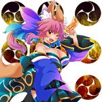  animal_ears atsurikacha bow breasts cleavage detached_sleeves fate/extra fate_(series) fox_ears fox_tail hair_bow hair_ribbon japanese_clothes large_breasts mitsudomoe_(shape) ofuda one_eye_closed pink_hair ribbon solo tail tamamo_(fate)_(all) tamamo_no_mae_(fate) tomoe_(symbol) twintails yellow_eyes 